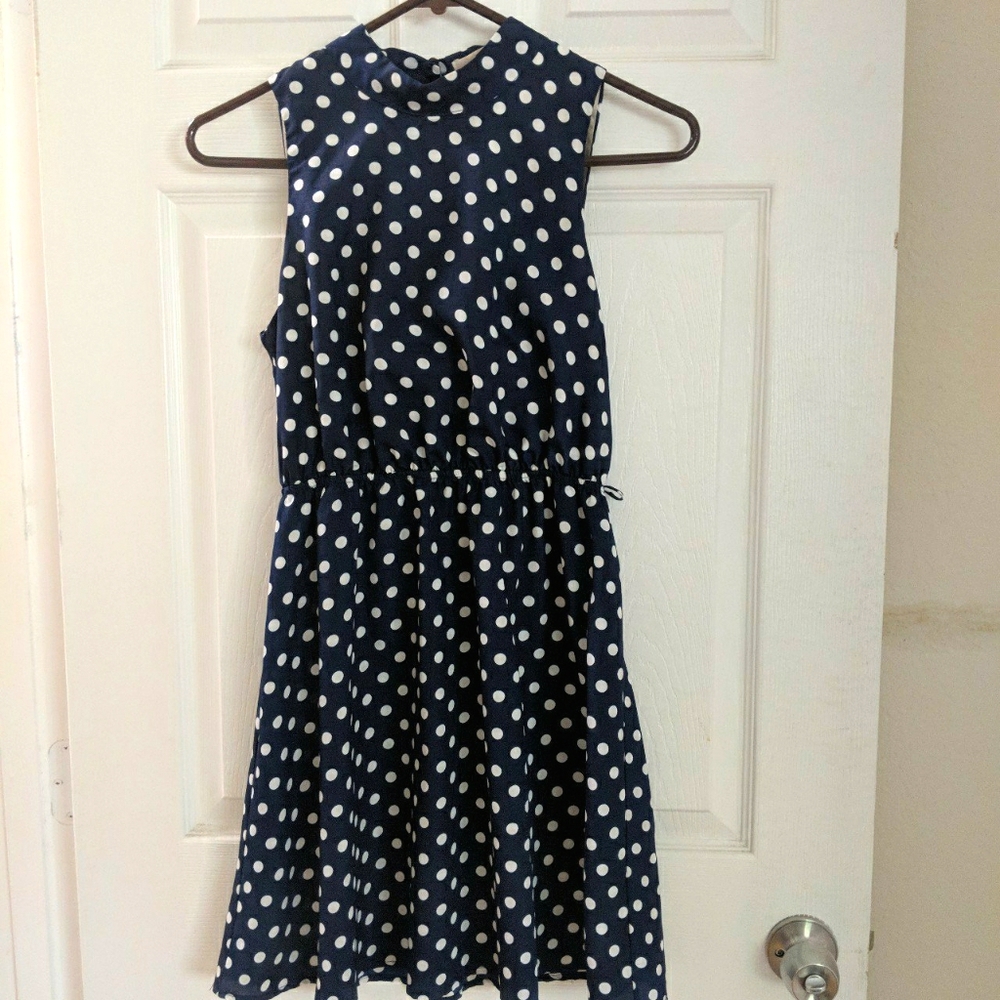 Blue & white polka dot high neck dress